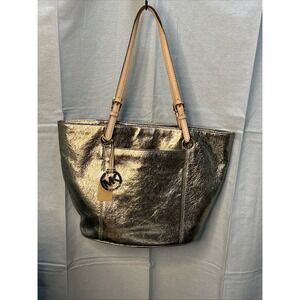Michael Kors Authentic Metallic Gold ‎ Purse Handles Tote Bag Satchel With Charm
